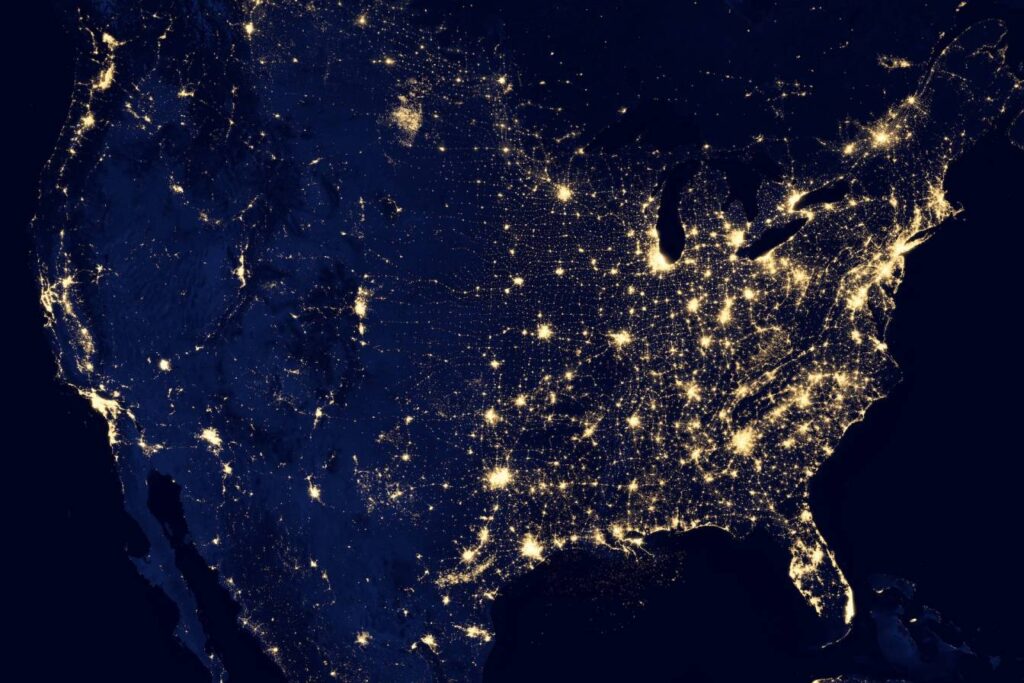 ariel view of united states from space with city lights